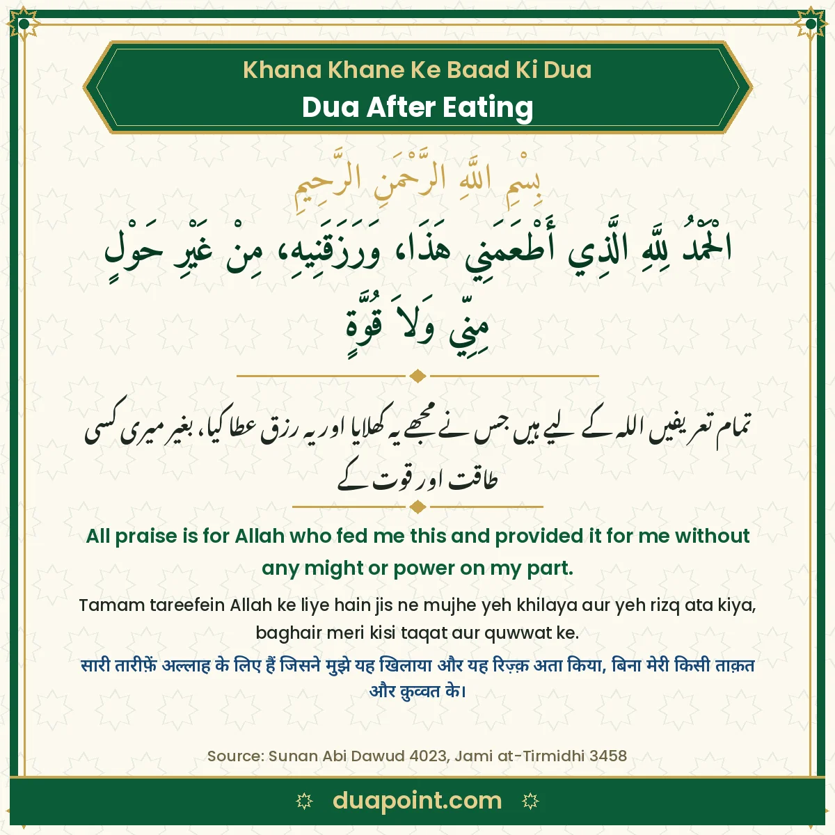 Dua After Eating in Arabic with Urdu, English, Roman Urdu and Hindi translation